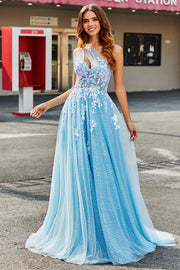 Light Blue A Line One Shoulder Long Tulle Prom Dress With Appliques