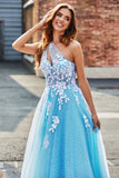 Light Blue A Line One Shoulder Long Tulle Prom Dress With Appliques