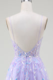 Sparkly A-Line Purple Spaghetti Straps Long Prom Dress with Sequins