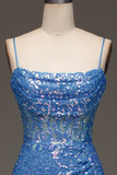 Sparkly Blue Spaghetti Straps Corset Prom Dress with Slit