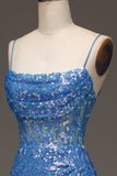 Sparkly Blue Spaghetti Straps Corset Prom Dress with Slit