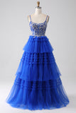 Royal Blue Spaghetti Straps Tiered Prom Dress with Sequins