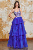 Gorgeous Royal Blue A Line Spaghetti Straps Tiered Prom Dress with Ruffles Appliques