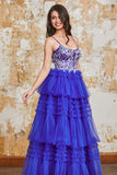 Gorgeous Royal Blue A Line Spaghetti Straps Tiered Prom Dress with Ruffles Appliques