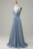 Dusty Blue A Line Deep V Neck Chiffon Bridesmaid Dress