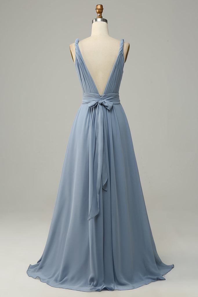 Wedtrend Women Dusty Blue Long Bridesmaid Dress Deep V Neck A Line