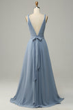 Dusty Blue A Line Deep V Neck Chiffon Bridesmaid Dress