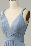 Dusty Blue A Line Deep V Neck Chiffon Bridesmaid Dress