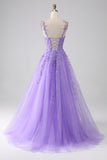 A-Line Spaghetti Straps Long Lilac Prom Dress with Appliques