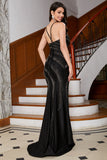 Sparkly Black Mermaid Spaghetti Straps Long Prom Dress with Beading Split Front