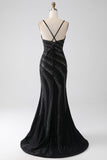 Sparkly Black Mermaid Spaghetti Straps Beaded Prom Dress with Slit