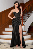 Sparkly Black Mermaid Spaghetti Straps Long Prom Dress with Beading Split Front
