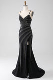 Sparkly Black Mermaid Spaghetti Straps Beaded Prom Dress with Slit