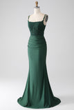Dark Green Mermaid Spaghetti Straps Long Corset Prom Dress With Beading