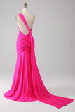 Hot Pink Mermaid One Shoulder Long Prom Dress With Pleated