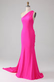 Hot Pink Mermaid One Shoulder Long Prom Dress With Pleated