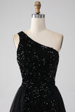 Sparkly Black A-Line One Shoulder Sequins Long Prom Dress