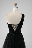 Sparkly Black A-Line One Shoulder Sequins Long Prom Dress