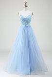 Light Blue A-Line Spaghetti Straps Corset Prom Dress with Beading