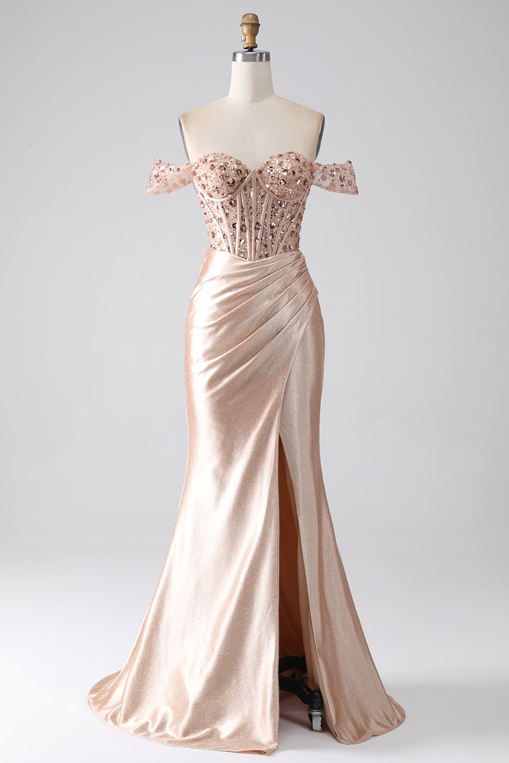 Wedtrend Women Champagne Prom Dress Mermaid Off The Shoulder Sequins Corset Evening Dress with Slit, Champagne / US22W Wedtrend Women Champagne Prom Dress Mermaid Off The Shoulder Sequins Corset Evening Dress with Slit, Champagne / US22W