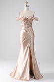 Champagne Mermaid Off The Shoulder Sequins Corset Prom Dress With Slit