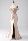 Champagne Mermaid Off The Shoulder Sequins Corset Prom Dress With Slit