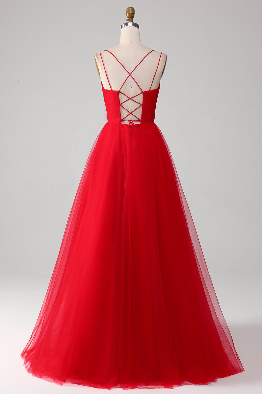 Red Ball-Gown/Princess V-Neck Tulle Pleated Long Prom Dress