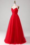 Red Ball-Gown/Princess V-Neck Tulle Pleated Long Prom Dress