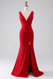 Red Mermaid V-Neck Long Backless Prom Dress with Slit
