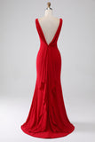 Red Mermaid V-Neck Long Backless Prom Dress with Slit