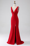 Red Mermaid V-Neck Long Backless Prom Dress with Slit