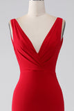 Red Mermaid V-Neck Long Backless Prom Dress with Slit