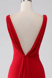 Red Mermaid V-Neck Long Backless Prom Dress with Slit