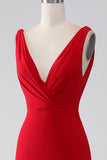 Red Mermaid V-Neck Long Backless Prom Dress with Slit