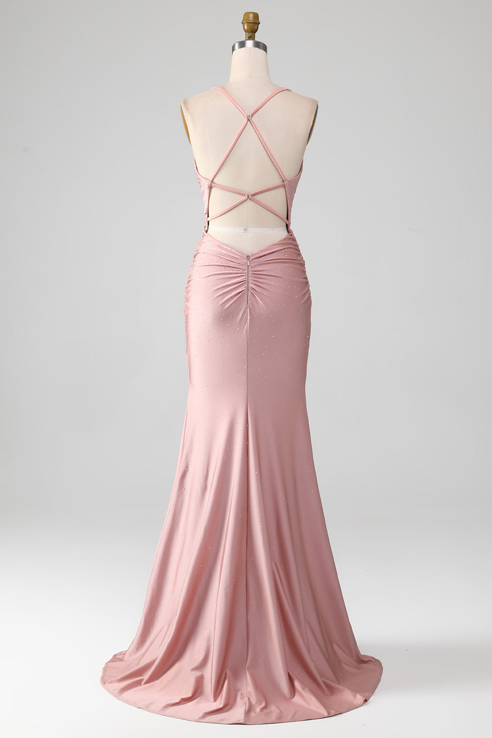Sparkly Blush Mermaid Spaghetti Straps Beaded Long Prom Dress