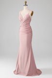 Sparkly Blush Mermaid Spaghetti Straps Beaded Long Prom Dress