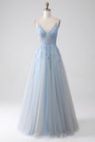Grey Blue A-Line Spaghetti Straps Long Prom Dress with Beading