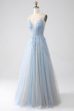 Grey Blue A-Line Spaghetti Straps Long Prom Dress with Beading