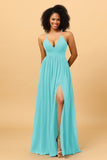 A Line V Neck Spaghetti Straps Chiffon Bridesmaid Dress with Slit