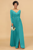 A Line V-Neck Long Sleeves Chiffon Bridesmaid Dress with Slit