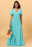 A Line V Neck Short Sleeves Chiffon Long Bridesmaid Dress