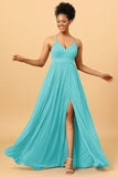 A Line Spaghetti Straps Ruched Chiffon Long Bridesmaid Dress with Slit