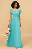 V-Neck Cape Long Floor Length Chiffon Bridesmaid Dress