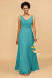 A Line V Neck Backless Chiffon Long Bridesmaid Dress