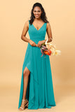 A Line V Neck Floor Length Chiffon Bridesmaid Dress With Slit