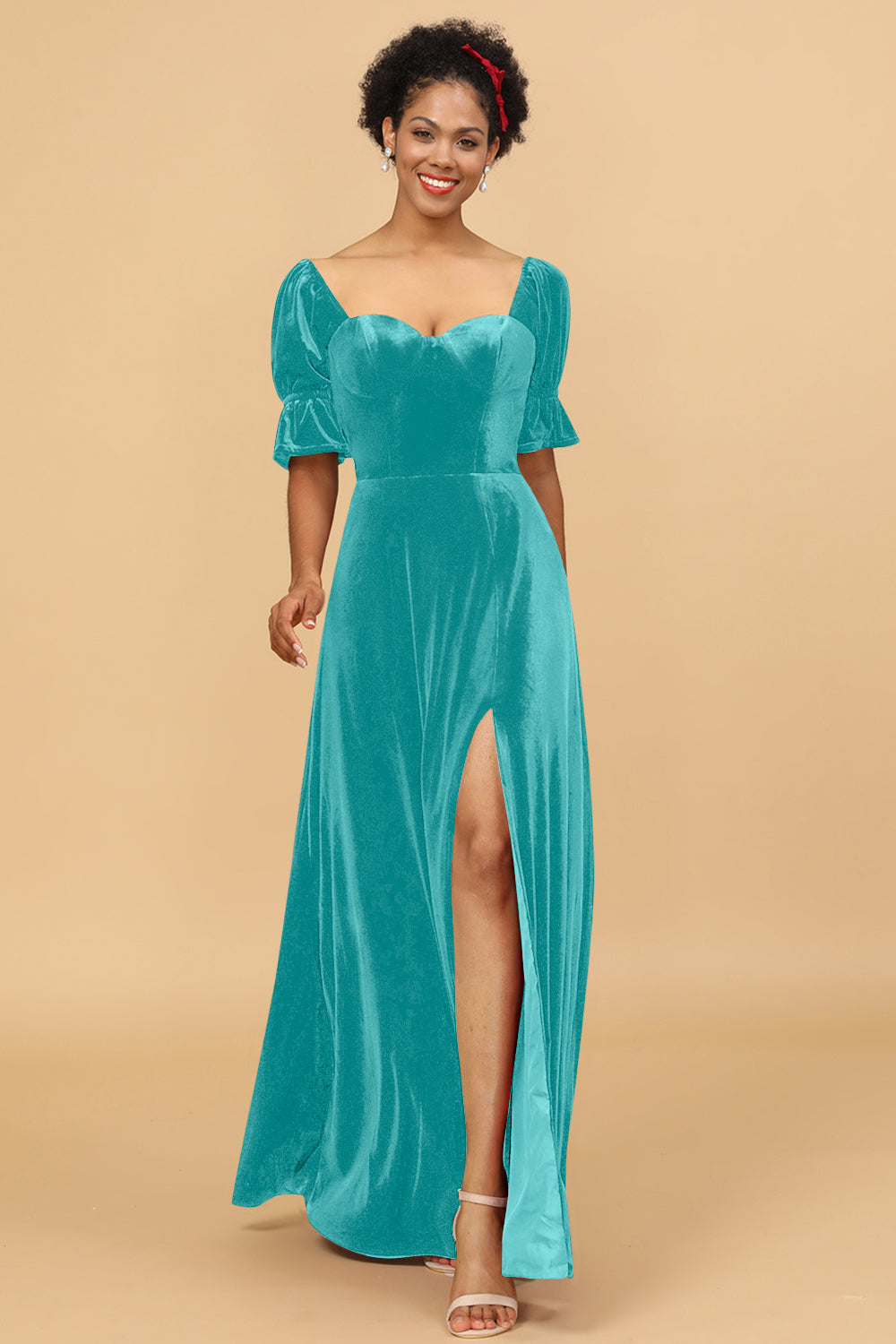 Wedtrend Women Bridesmaid Dress A Line Sweetheart Flare Sleeves Velvet Wedding Party Formal Evening Dress with Slit WEDTREND Wedtrend Women Bridesmaid Dress A Line Sweetheart Flare Sleeves Velvet Wedding Party Formal Evening Dress with Slit WEDTREND