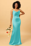 Mermaid Cowl Neckline Spaghetti Straps Long Satin Bridesmaid Dress