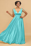 A Line Deep V-Neck Backless Floor Length Bridesmaid Dress