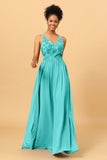 A Line V-Neck Long Chiffon Bridesmaid Dress with Lace