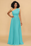 A Line One Shoulder Long Chiffon Bridesmaids Dress with Ruffles